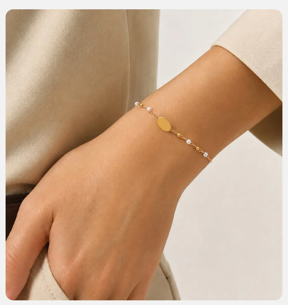 Vnox Minimalistische Stapelbare Halskette und Armbänder mit Imitationsperlen für Damen, Trendiger Edelstahl-Schmuck mit Goldplattierter Ovaler Kette – Detail 3