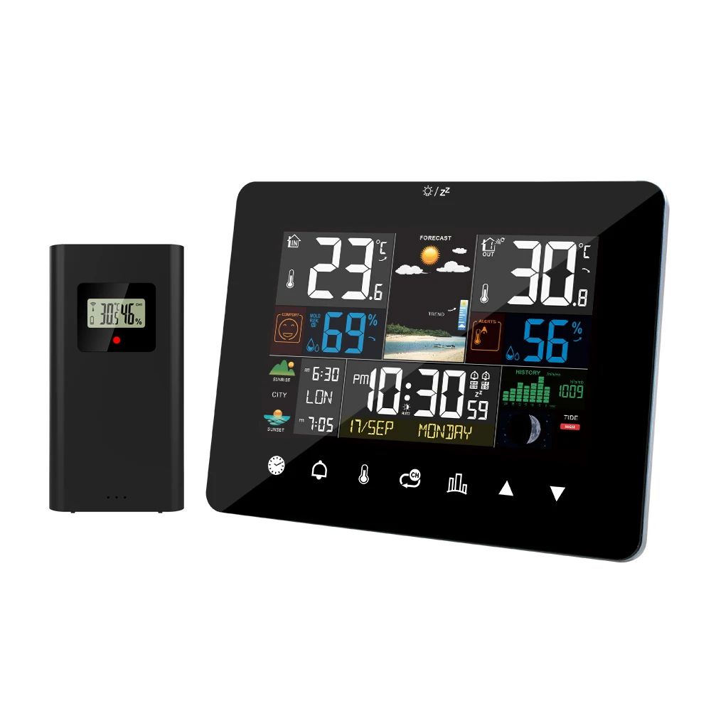 FanJu Weather Station Touch Screen Digital Display Wall Clock Temperature Humidity Meter Table Desk Clock with Wireless Sensor