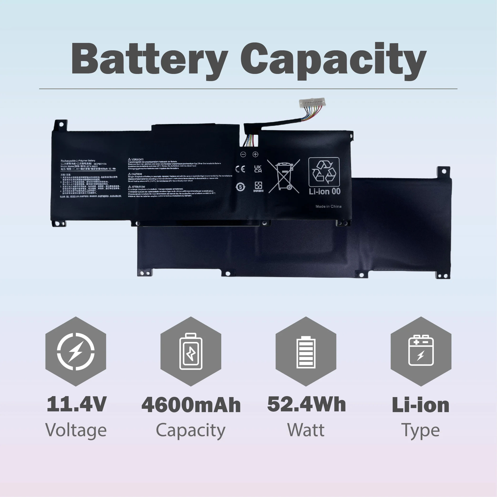 BTY-M491 4600mAH 52.4Wh Laptop Battery for MSI Modern 15 A10M-014 A10RAS-258 A10RB-041TW A10RD A11M A11SB-059 A4MW Prestige 14
