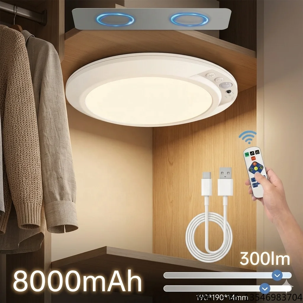 Rechargeable Motion Sensor Smart LED Ceiling Light PIR Sensor White Shade Magnetic Installation Modern Design ABS 8000mAh