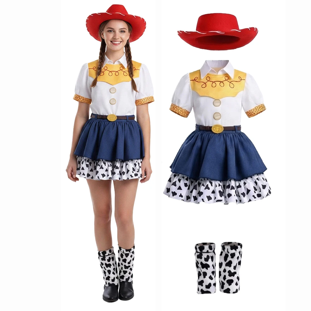 

Animated Movie Cosplay Costume Sets Western Cowgirl Costume Set Cow Print Dress with Hat Leg Warmers Halloween Party Clothing
