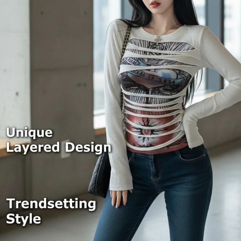 

American Y2K Sweetheart Top Women Fall Layered Long Sleeve Tee Girls Sexy Fun Off-Shoulder Ripped Perfect Base Layer T-shirt New