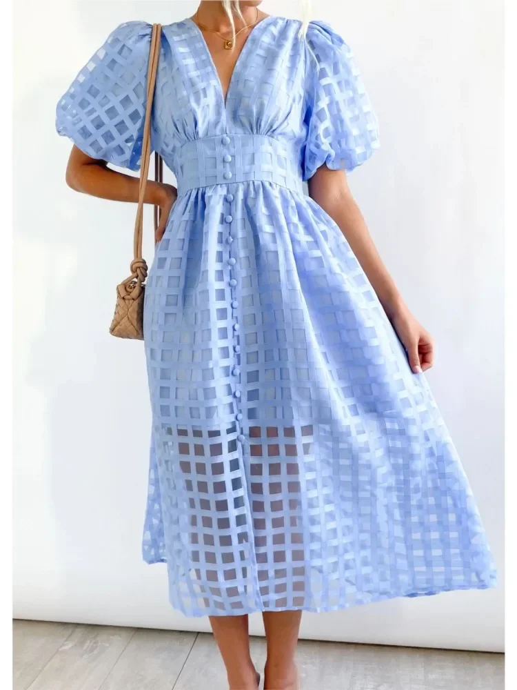 

2026 New Summer New Fashionable Multi-color Lantern Sleeves Dress Sexy V-neck Casual Party Single Breasted Mid Length Dress