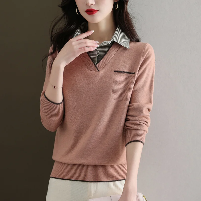 Korean Lapel Top For Women Spring Autumn Sweater Fake Two Pieces Pullovers Femme Long Sleeve Knitwears Warm Bottoming Shirt