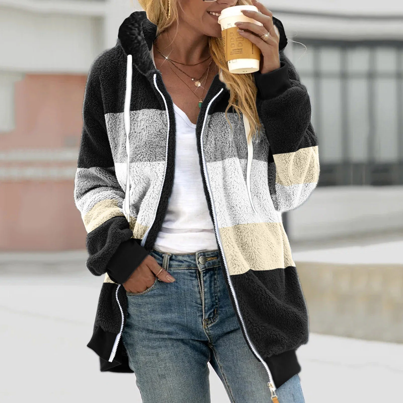 

Jacket For Women Casual Long Sleeve Sweatshirt Zipper Top Hooded Pullover Warm Wool Plush Coat Fashion Women Jackets 2024