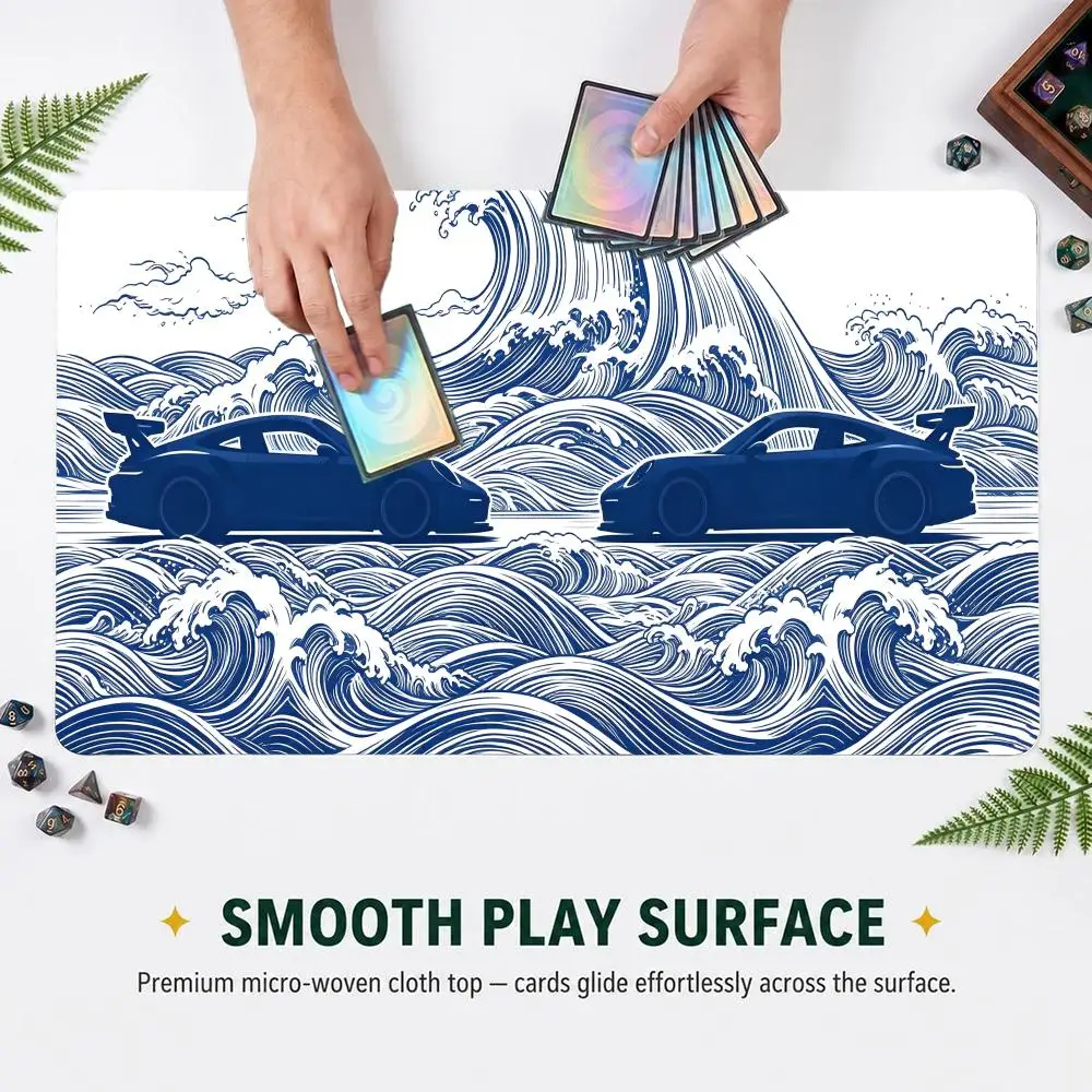 Ukiyo‑e Great Wave Dual Racing Car Silhouette Playmat Rubber Non‑Slip TCG Card Game Mat Desk Mouse Pad