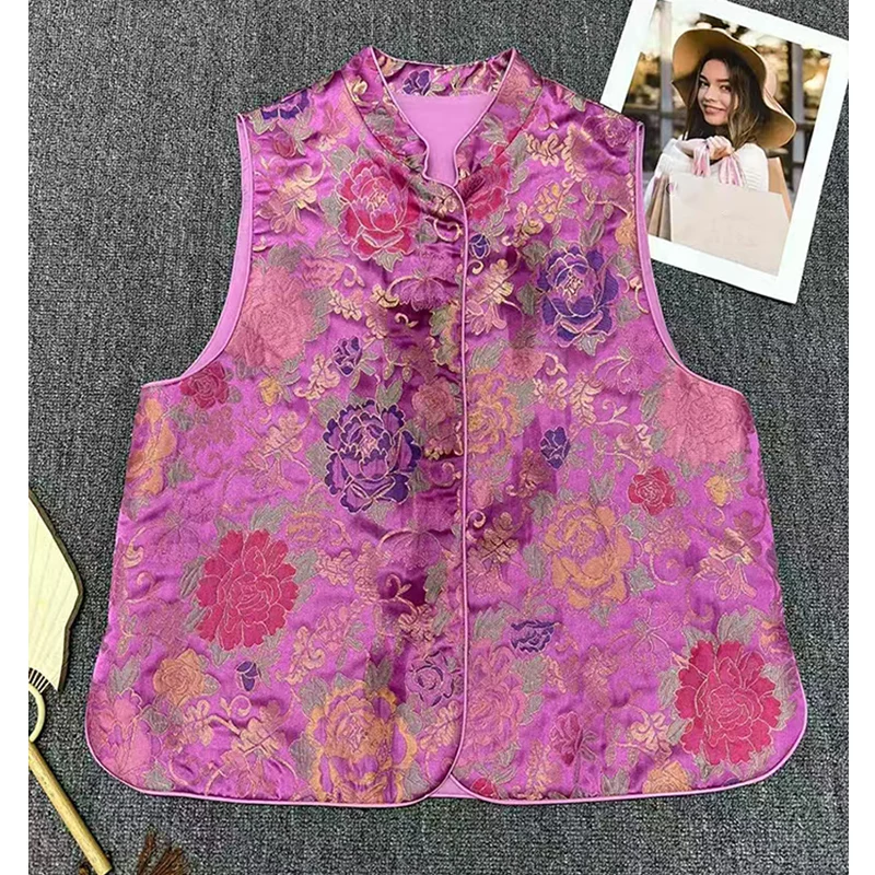 High-Quality Spring/Summer New Collection Standing Collar Rose Jacquard Hidden Button Fashionable and Elegant Women's Vest S-XL