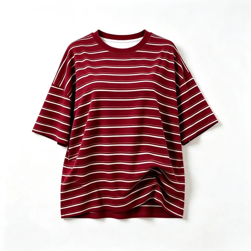 Women Loose Striped Short Sleeve T-shirt Wine Red White Stripe Crew Neck Tee With White Inner Collar Casual Daily Basic Tops