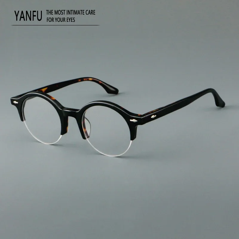 Men Glasses Frame Fashion Acetate Round Designer Brand Semi-Rimless Myopia Eyewear Optical for Women Prescription Eyeglasses New