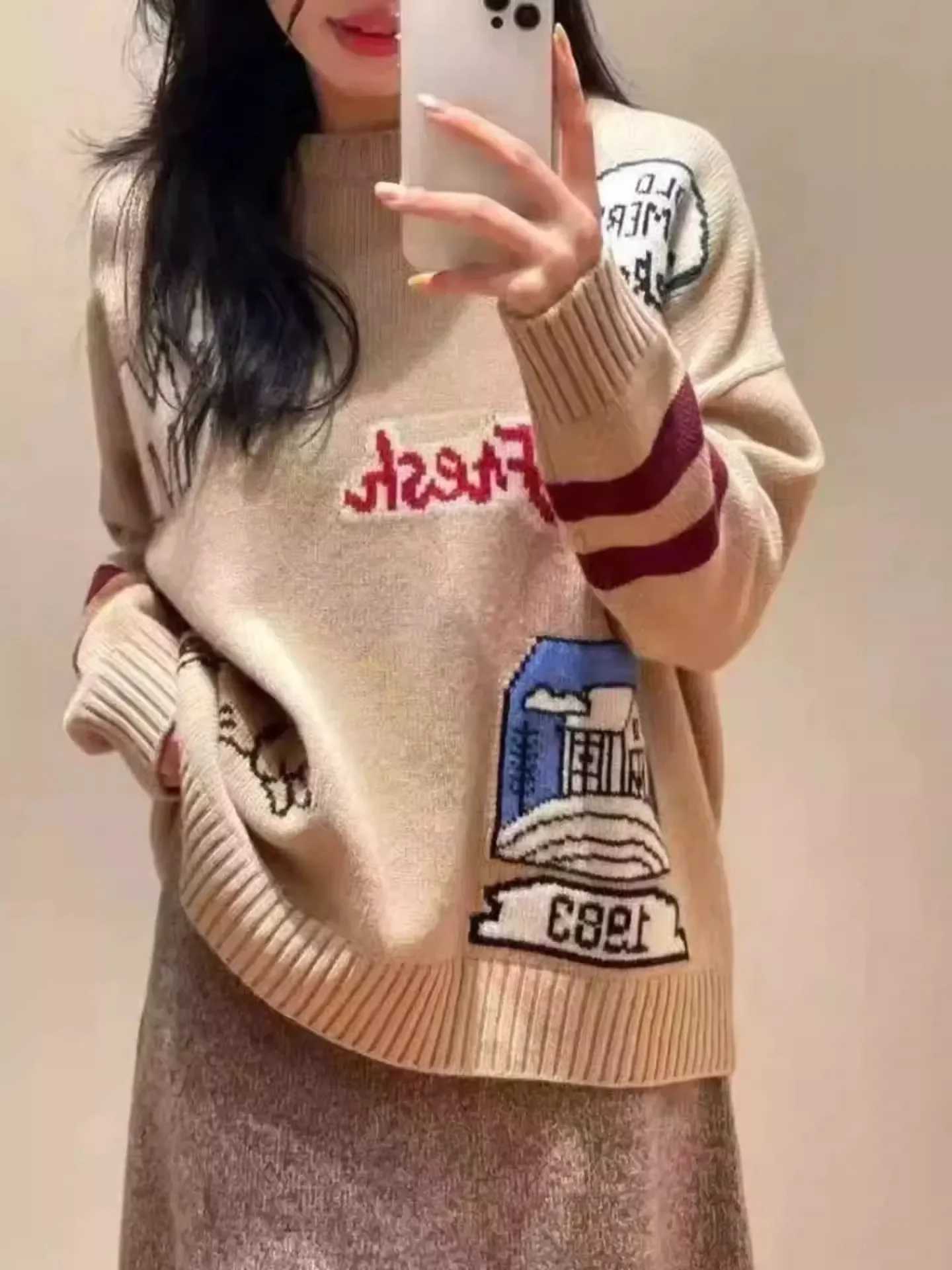 الكرتون الحيوان رسالة الجاكار المرأة 100% الصوف متماسكة سترة 2025 خريف شتاء سيدة طويلة الأكمام Vintage البلوز #2