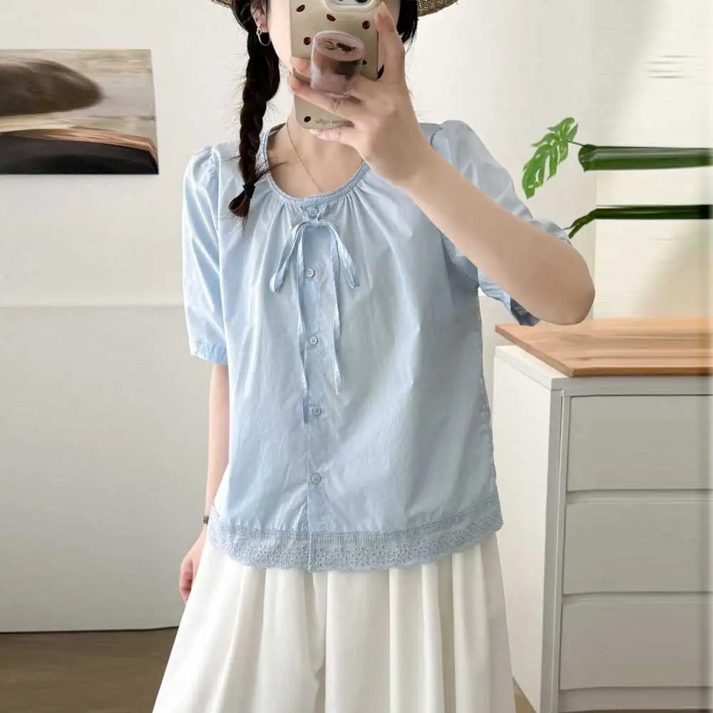 

Japanese Sweet Mori Girl Solid Color Lace Up Collar Cotton Shirts Women Summer O-Neck Short Sleeve Casual Loose Blouse Tops