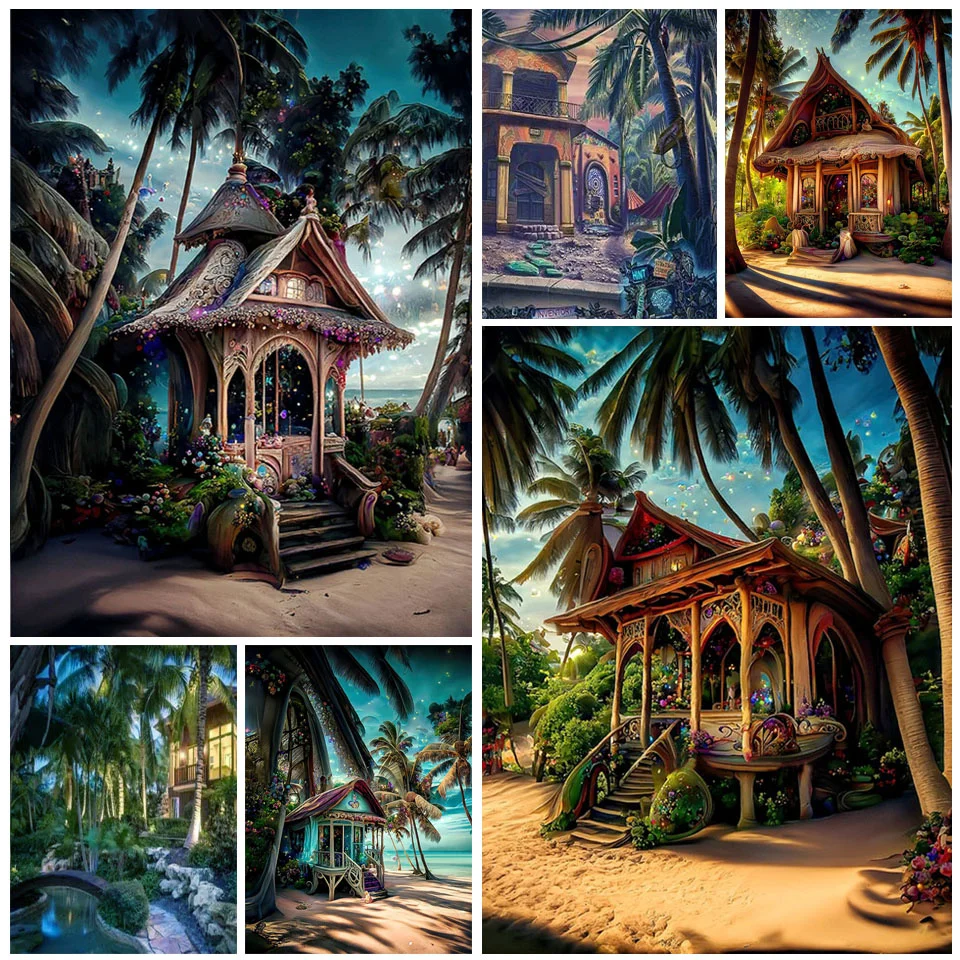 Full Mosaic 5D DIY Diamond Painting New Seaside Resort Scenery Diamond Embroidery House Tree Cross Stitch Craft Home Decor FF591