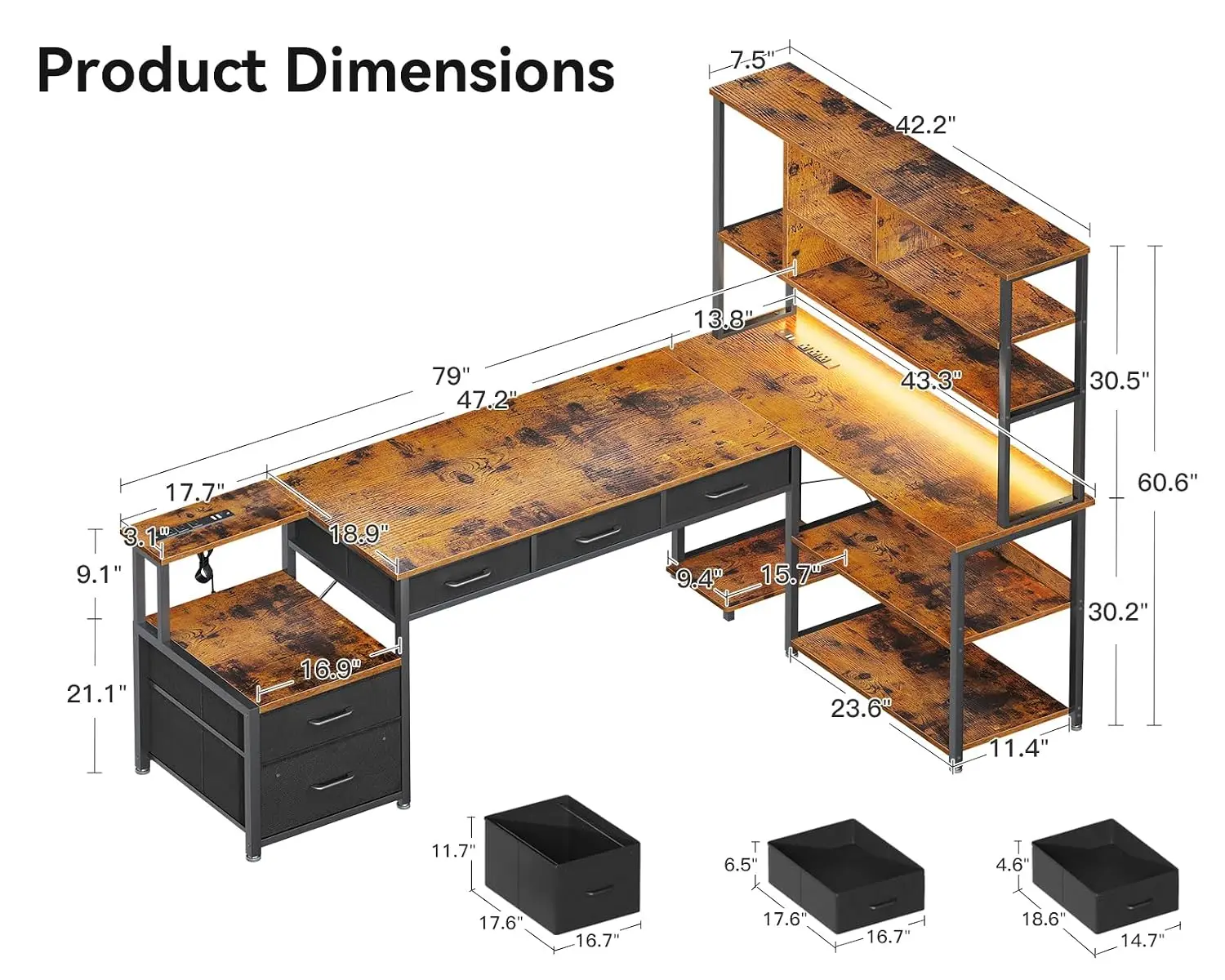 L Shaped Desk 79 Inch With 5 Drawers, LED Light & 2 Power Outlets, Customized