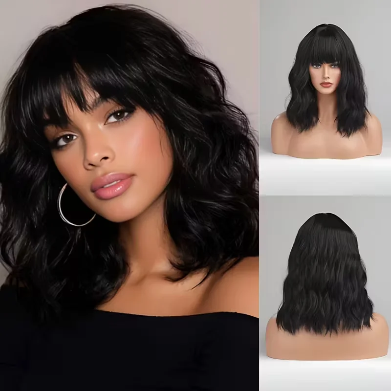 Body Wave Bob Wig With Bangs Short Full Machine Made Human Hair Wigs 220% Density Loose Body Wave Brazilian Natural Black Color image 4