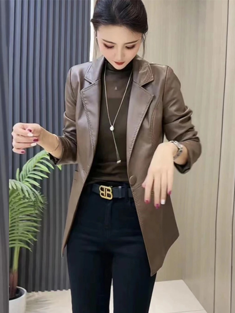 ファッショナブルな韓国風レディーススーツジャケットカジュアル多用途レザーコート秋冬デザイントレンディなロングスリーブスリムフィット
