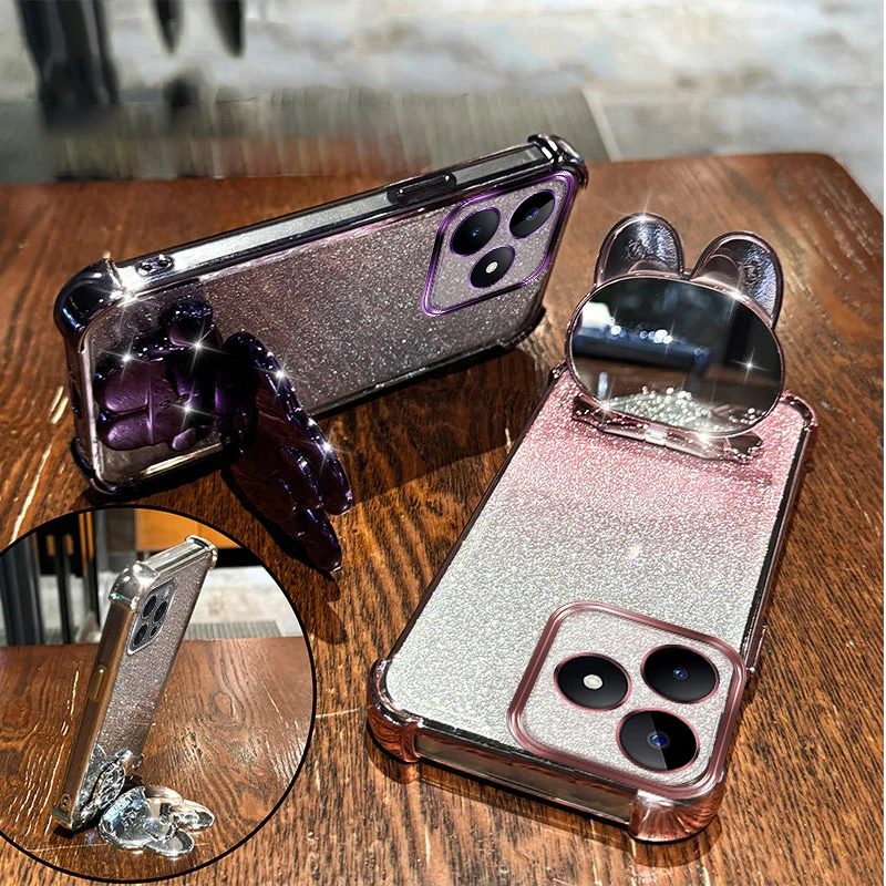 

N53 Slim Shockproof Phone Case For Realme Narzo N53 N55 N63 N65 Note50 60Cute Hidden Mirror Rabbit Kickstand Soft TPU Back Cover