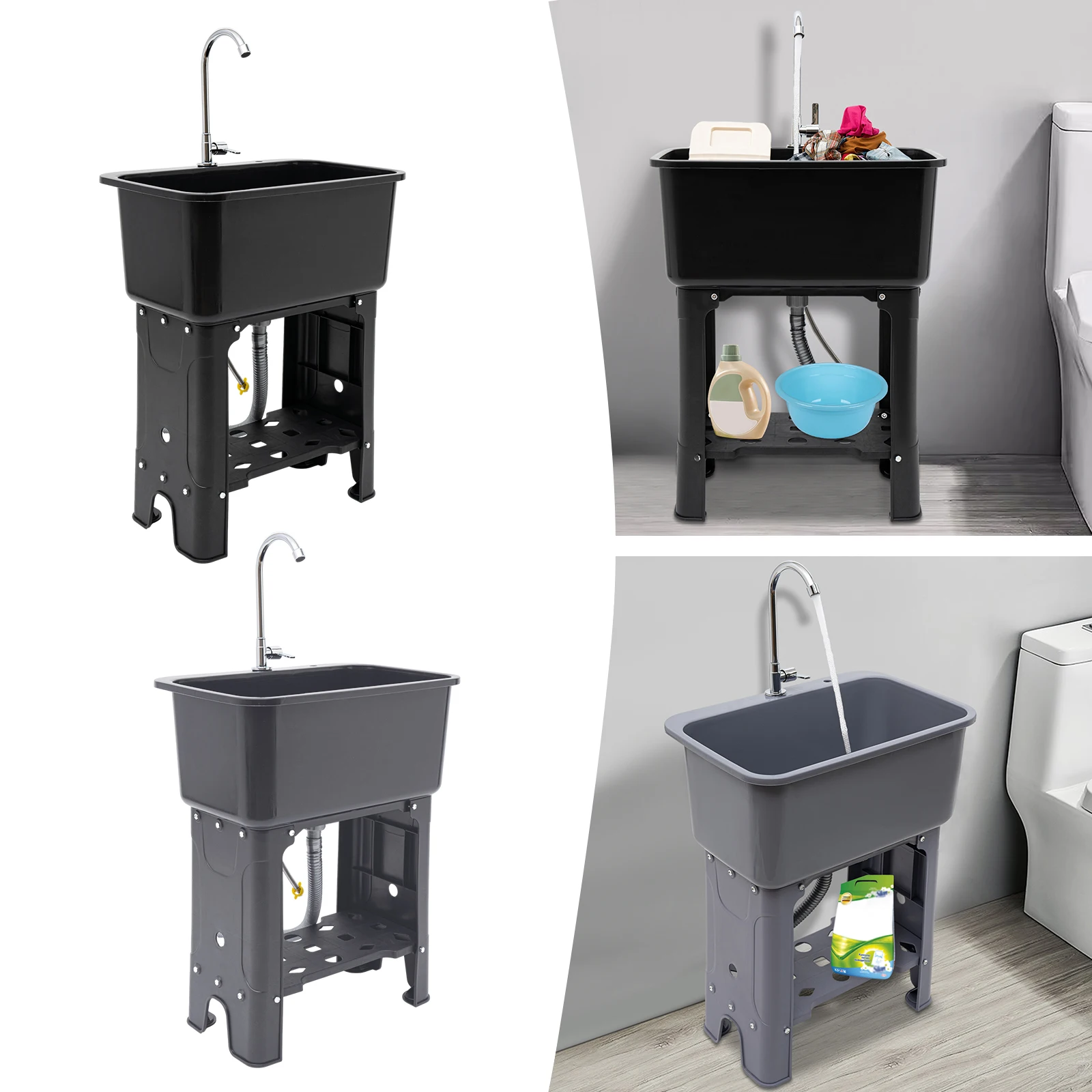 حوض غسيل كبير الحجم (22.05x12.6x10.24 بوصة)، لون أسود، تصريف سريع، مجموعة كاملة مع صنبور، خرطوم، وأنبوب تصريف