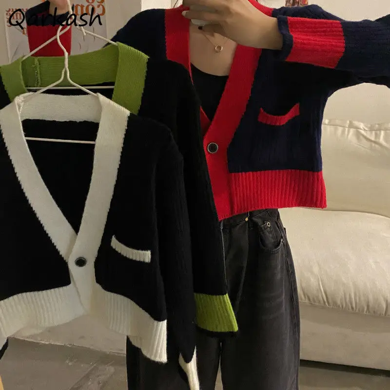 

Patchwork Cardigan Women Slim Retro Autumn College Fashion Simple V-neck Chic All-match Streetwear Female Sweater Knitted Crops