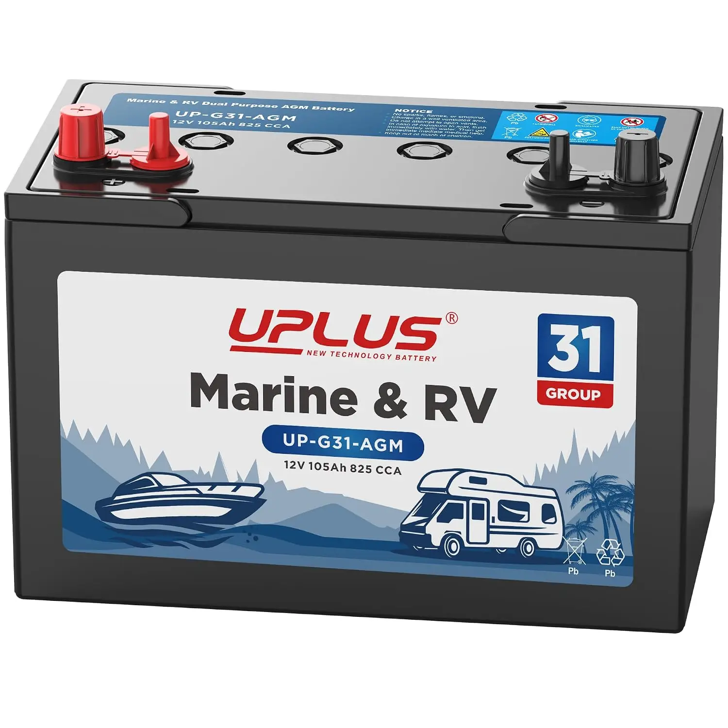 Dual Purpose AGM Marine Battery 12V 105Ah 825CCA Group 31M Deep Cycle & Starting, Customized