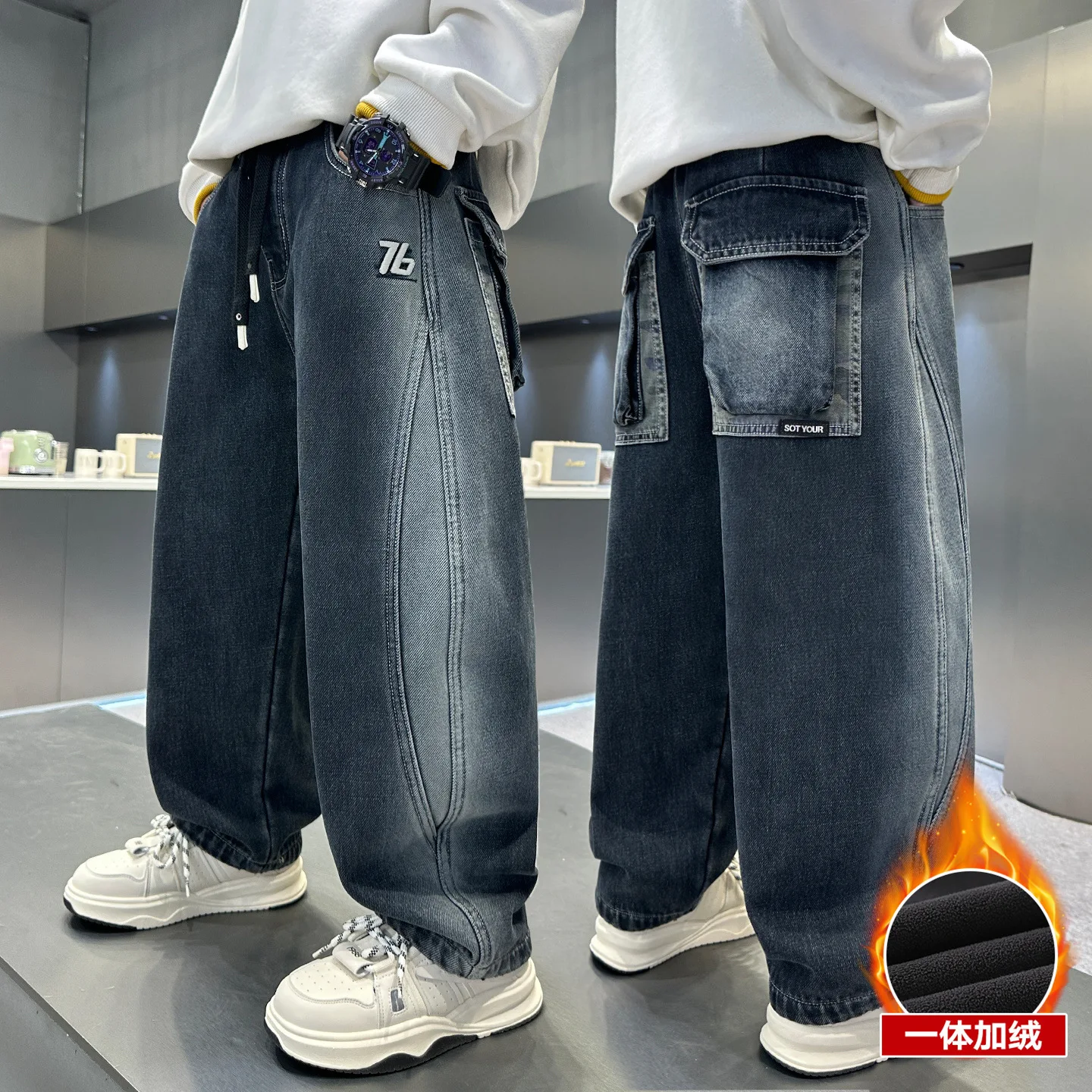 

Детские лоскутные зимние теплые джинсы с градиентом для мальчиков-подростков, классические утолщенные утепленные джинсовые брюки, детские термоджинсы, брюки