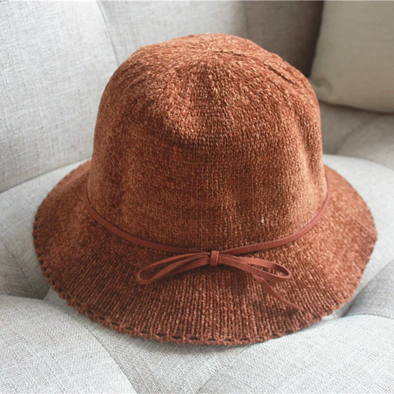 MAXSITI U 2023 Stiff chenille Bucket Hat female autumn winter fashion bow retro design dome basin hat warm fisherman hat