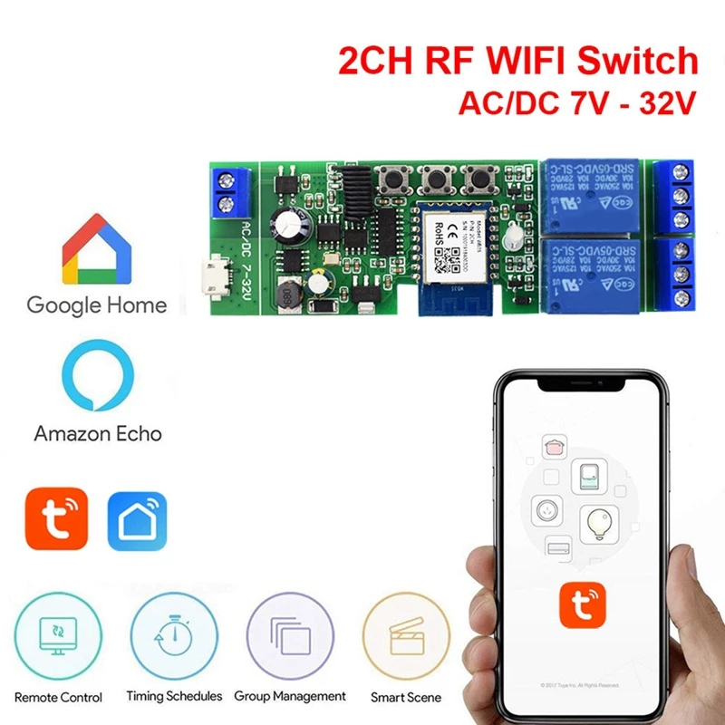 Módulo de Relé Interruptor Wi-Fi Inteligente Tuya, 2 CH, AC, DC, 7-32V, RF, Aplicativo, Casa Inteligente, Alexa, Google, 1 PC