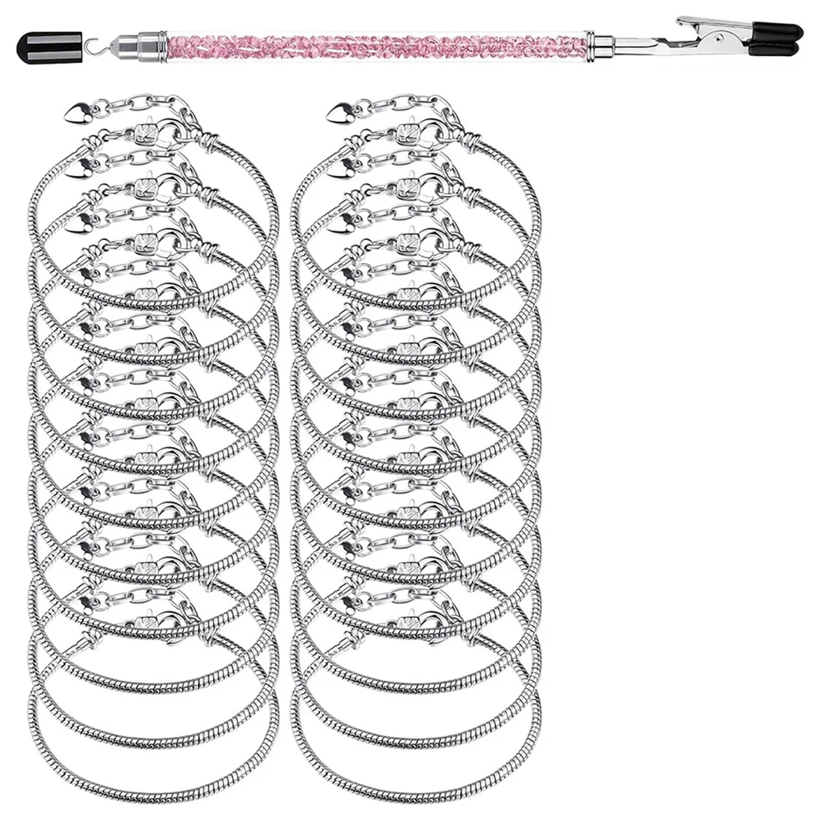 Charm Bracelet Chains for Jewelry Making, 20 PCS Stainless Steel Snake Chain Bracelets with Bracelet Helper Tool