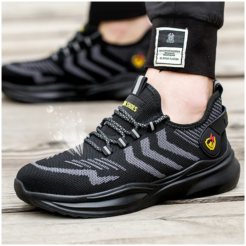 men fashion safety shoes steel toe caps work sneakers air mesh summer tooling security boots worker breathable footwear protect