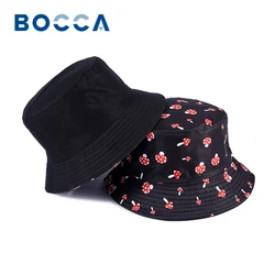 Bocca Mushroom Printed Bucket Hat Reversible Bucket Hats Foldable Cotton Cap Unisex Fisherman Hat Double-sided Sunscreen