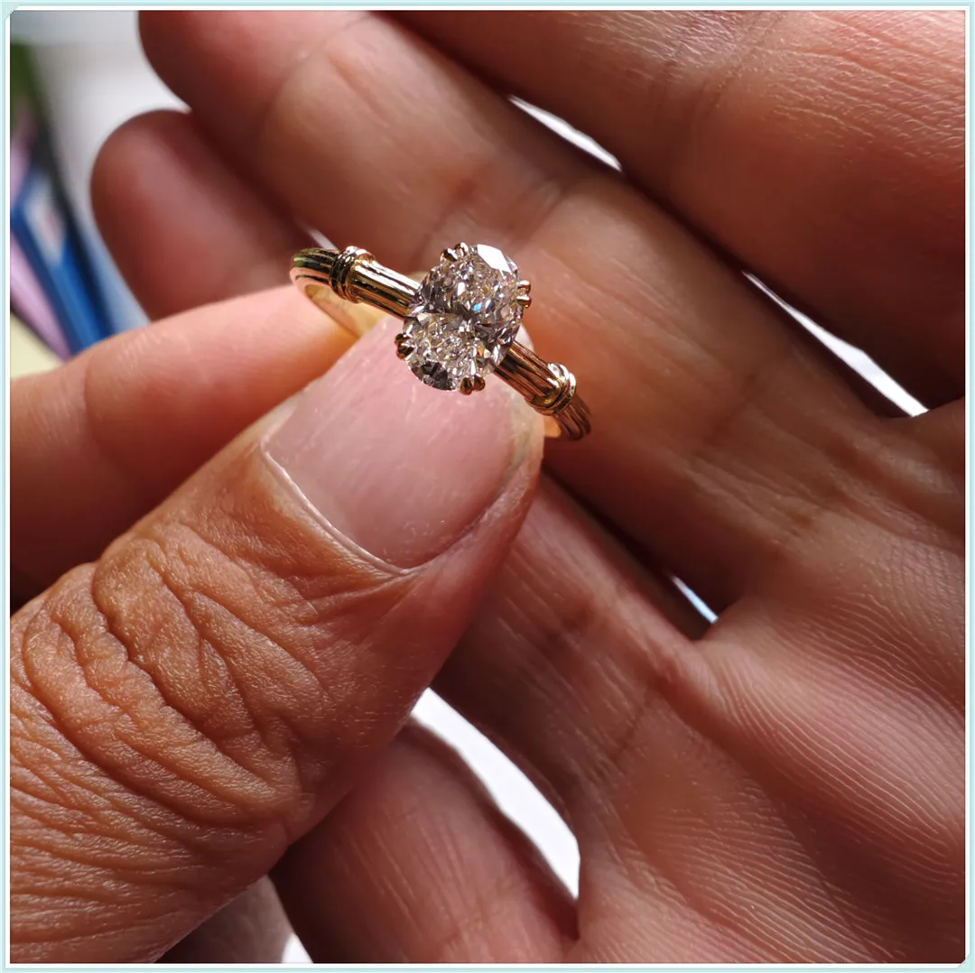 18K Gold Lab-Grown Diamond Oval 1CT Roman Column Engagement Ring, 14K Gold Bridal Set, High-End Jewelry Custom Wholesale