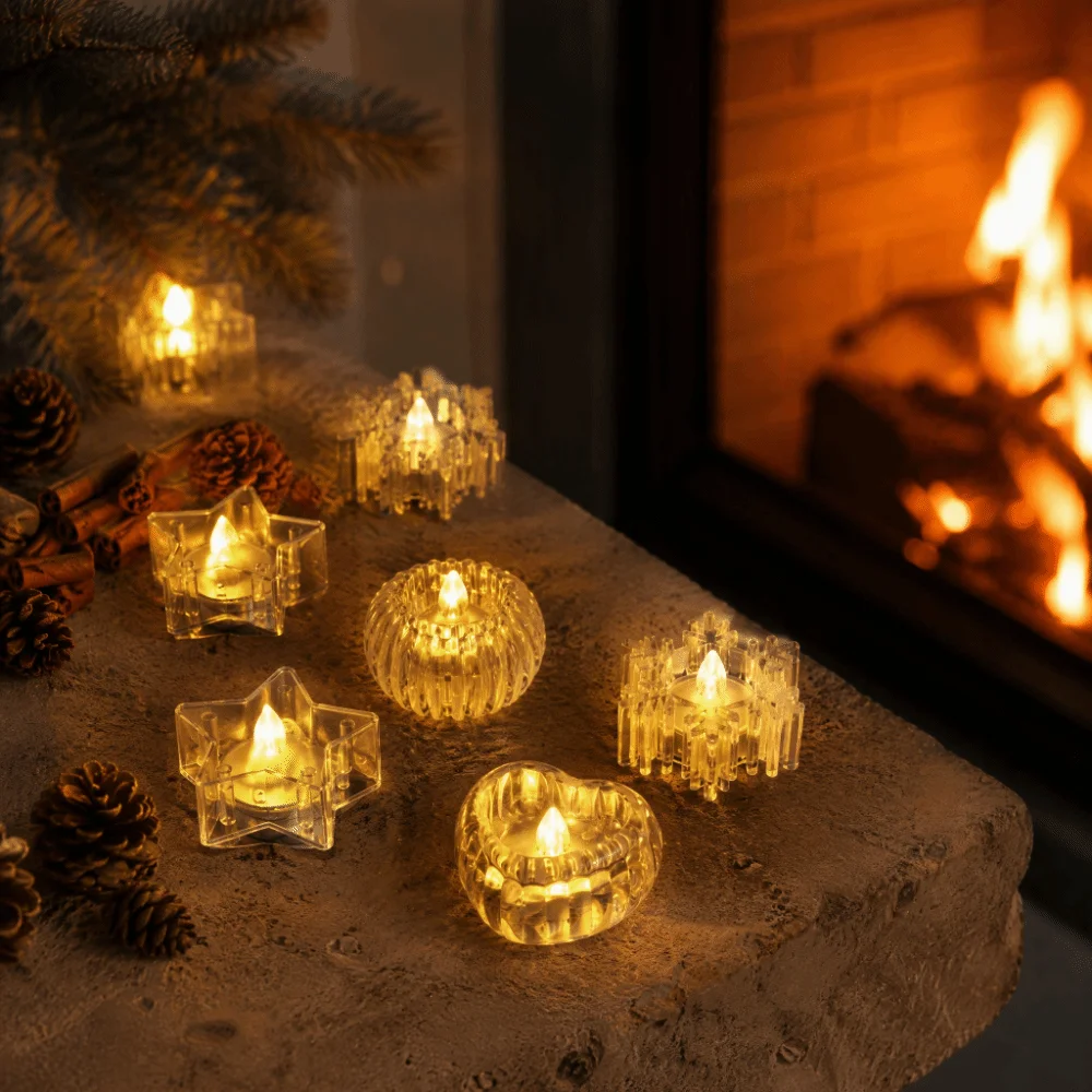 Transparent Flameless LED Candle Romance Warm Yellow Electronic Candle Christmas Snowflake Smokeless Night Lamp Tabletop Decor