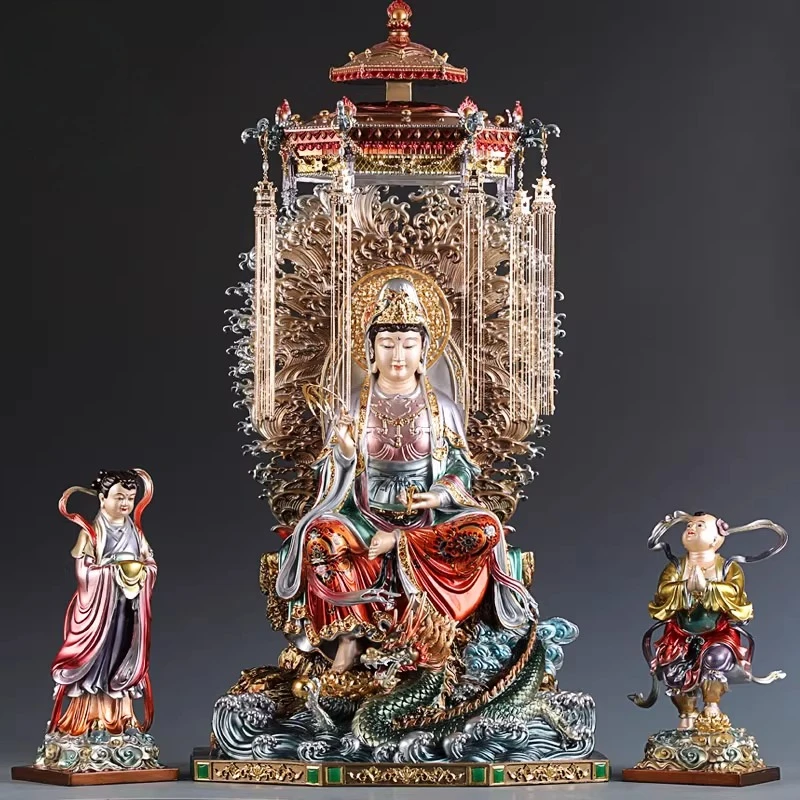 Enamel Pure Copper Guanyin Bodhisattva Buddha Statue Handmade Mini Sculpture for Home Decor