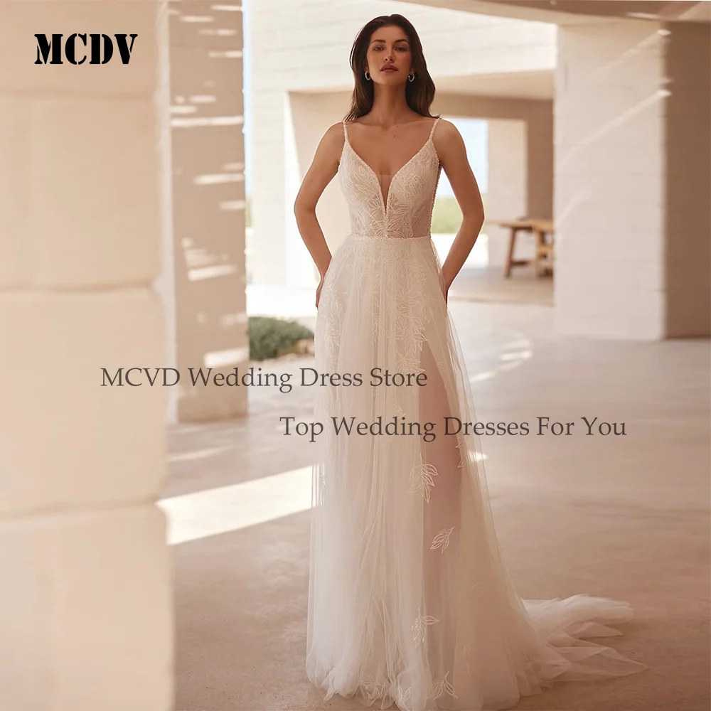 

MCDV Boho Backless Weddings Dresses For Bride Spaghetti Straps Applique Beaded V-Neck Split robe mariee Customized Sweep Train