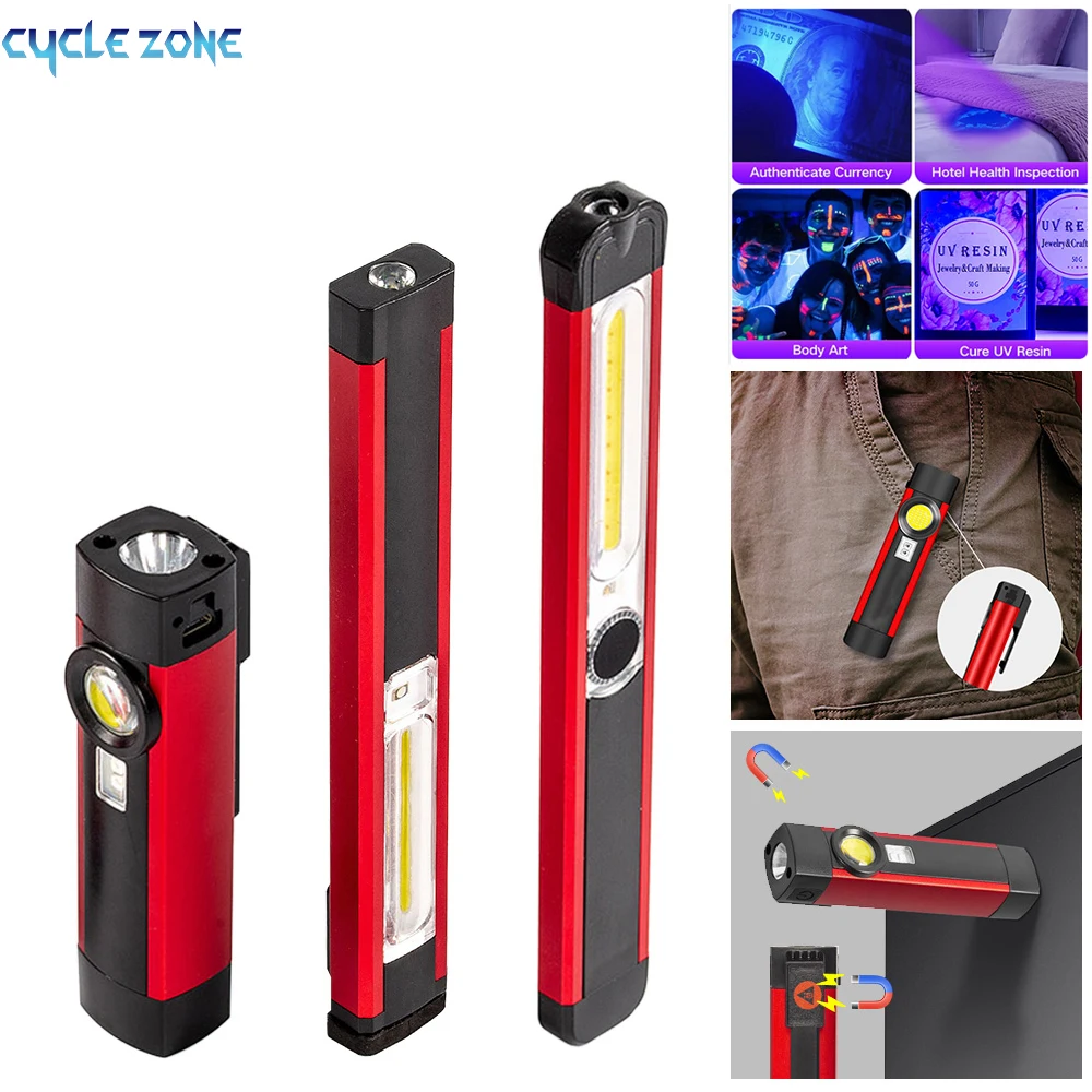 Mini linterna LED COB recargable por USB, lámpara violeta magnética, linterna de trabajo de 5 velocidades, linterna LED impermeable para acampar al aire libre Linterna con capuchón Clip para bolígrafo en funcionamiento