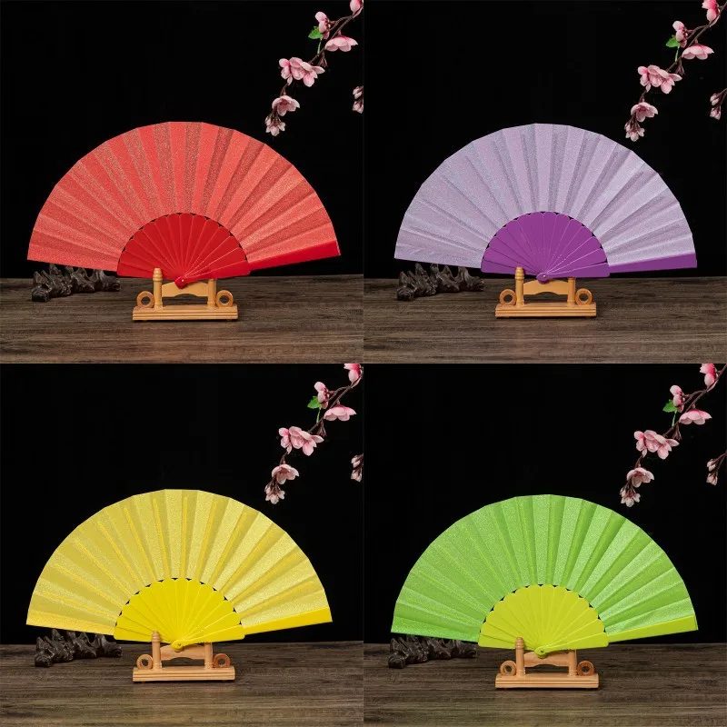 Retro Folding Hand Fan Plastic Gold Powder Craft Fan White Wedding Party Chinese Style Dance Cloth Folding Fan Handheld