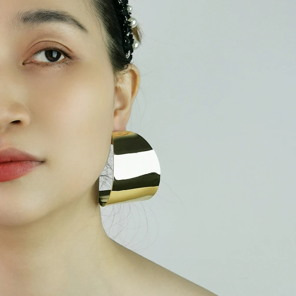 Wide Big Hoop Earrings Gold Color Alloy Drop Earring For Women Geometric Trendy Party Personality Statement  Jewelry Accessories
