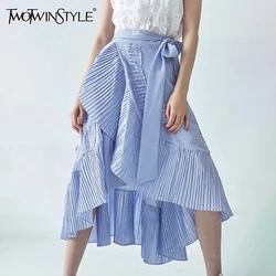 TWOTWINSTYLE Spliced Lace Up Striped Skirt For Women High Waist Irregular Hem Solid Casual Skirts Female Clothes Fashion Style