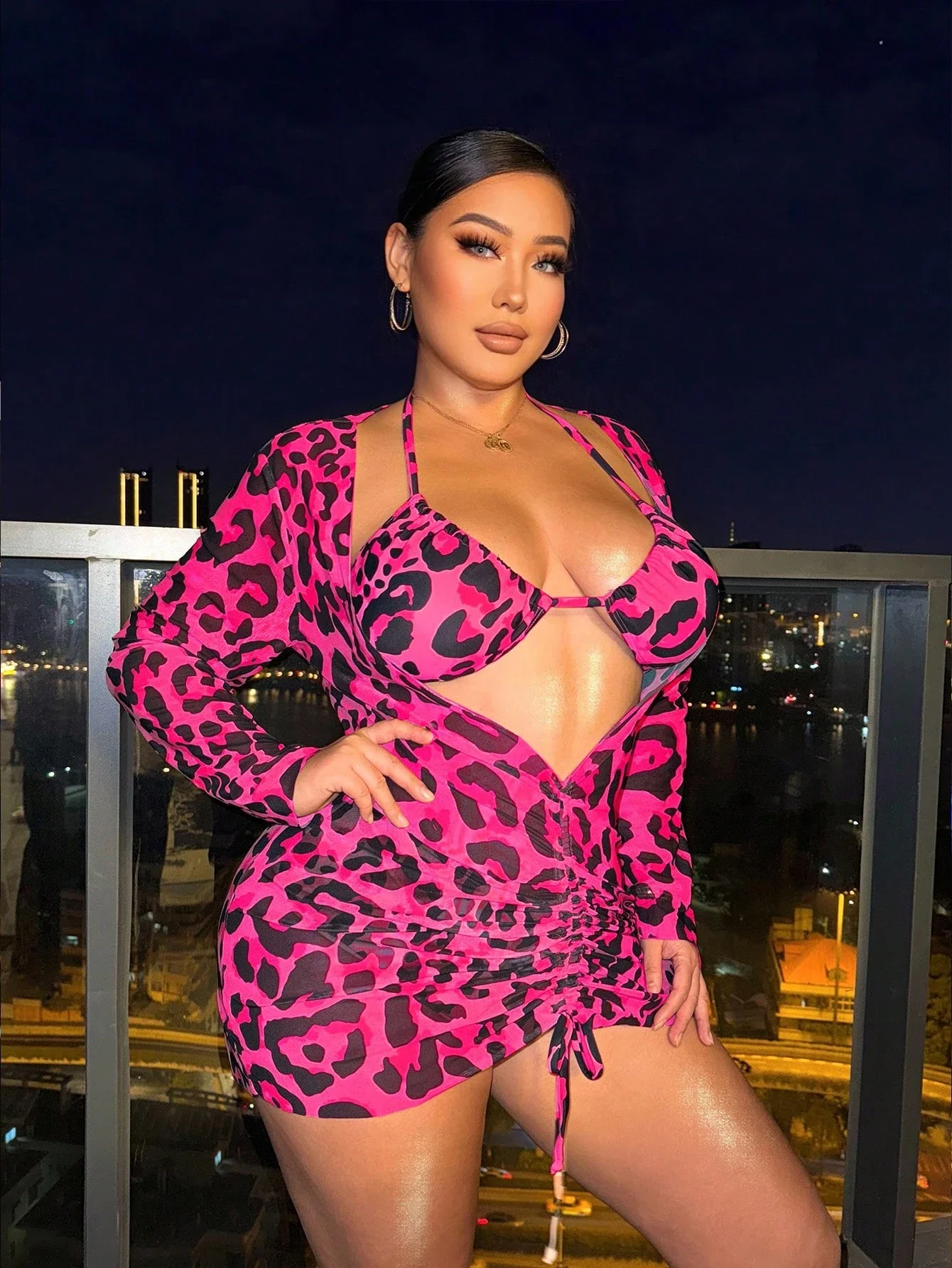 

Hot Pink Leopard Print Plus Size 3-Piece Swimsuit Set For Summer Beach Wear