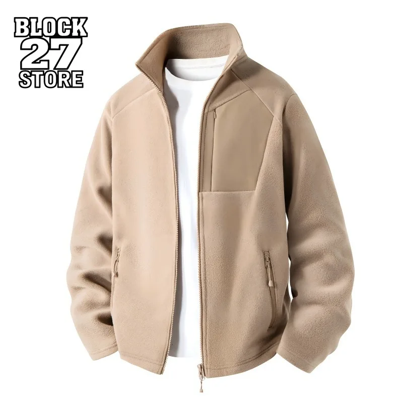 Harajuku Men's Fleece Jacket 320G High Elastic Thermal Polar Fleece Zipper Cardigan Long Sleeve Stand Collar Casual Outerwear