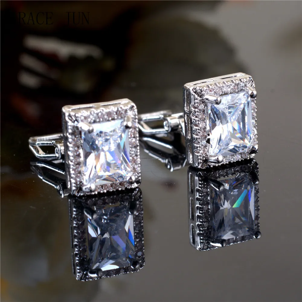 GRACE JUN Top Quality 18K White Gold Color Clip on Earrings No Pierced for Women Fashion Cubic Zircon Stud Earrings Ear Clip