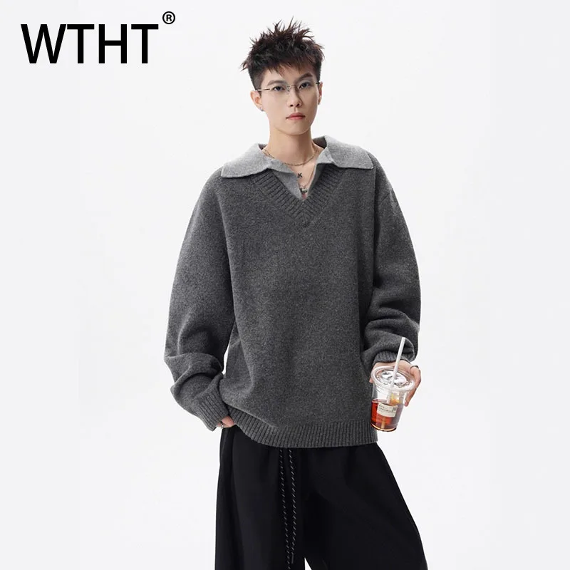 WTHT Fashion Men's Contrast Color Fake Two-pieve T-shirts Trendy 2025 Autumn Turn Down Collar Long Sleeves Tops Male 2A2018