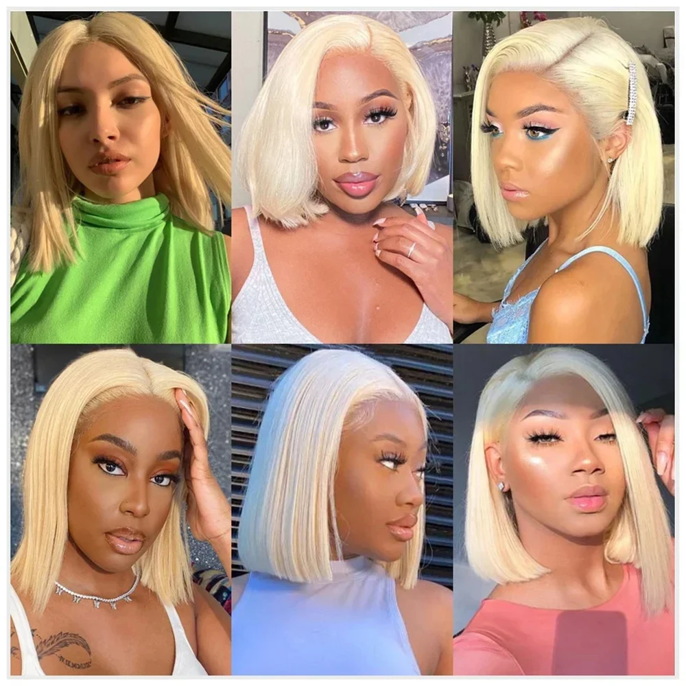 

613 Блондинка Боб Парики из натуральных волос 4x4 Парики из натуральных волос на шнуровке Предварительно выщипанные парики из натуральных волос 200 Плотность Блондинка Парик из натуральных волос Короткий Боб