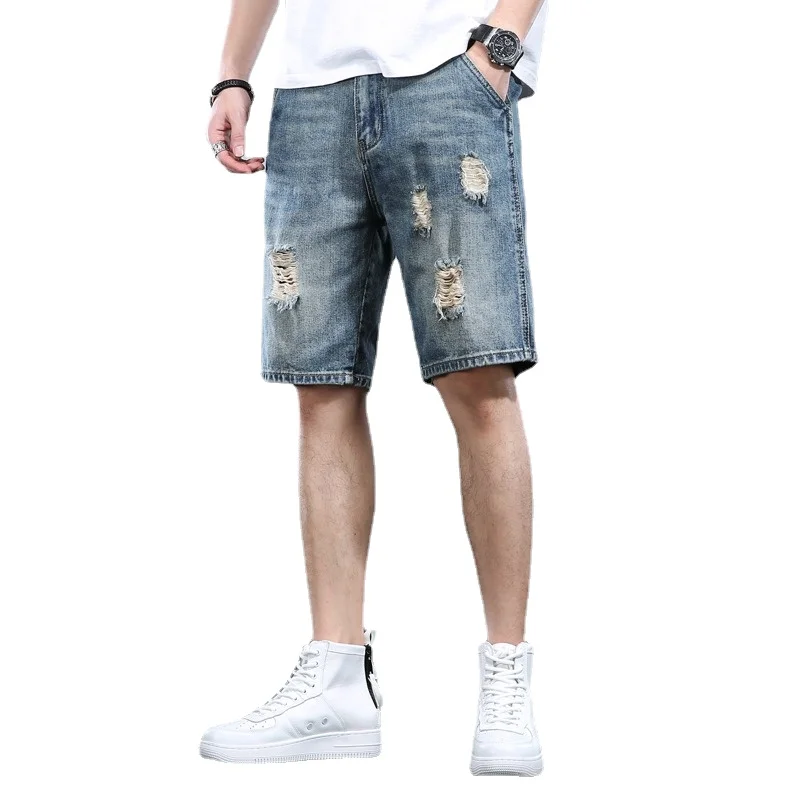 2022 Summer Ripped Short Jeans Men Denim Shorts Streetwear Casual Baggy Straight Knee Length Pants