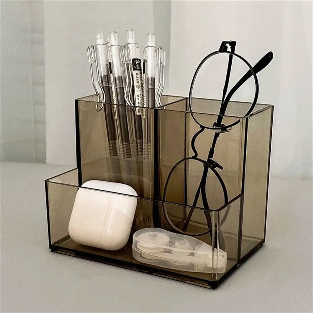 

Transparent Desk Pen Holder Large Capacity Multifunction Pencil Storage Box Pen Stand 5-Grid Stationery Organizer Home Office