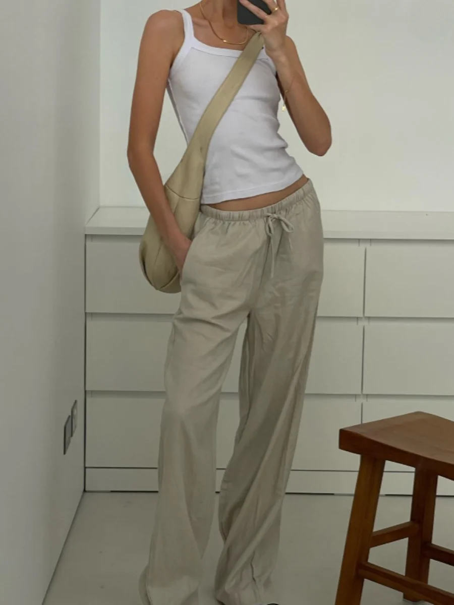 

Women 100% Linen Long Pants 3-Colors Drawstring Elastic Waist Straight Casual Female Wide Leg Trousers