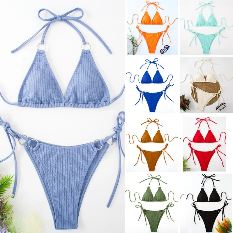 Dwuczęściowe zestawy seksowne Bikini letnie Bikini zestaw w jednolitym kolorze obręcz na ramiączkach klasyczny strój kąpielowy dla kobiet do