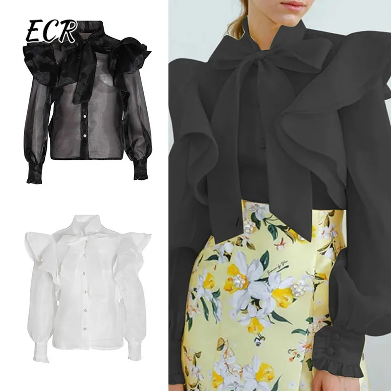 ECR Solid Designer Patchwork Lace Up Shirt For Women Lantern Sleeve Spliced Button Temperament Mesh Blouses Female Fashion Style