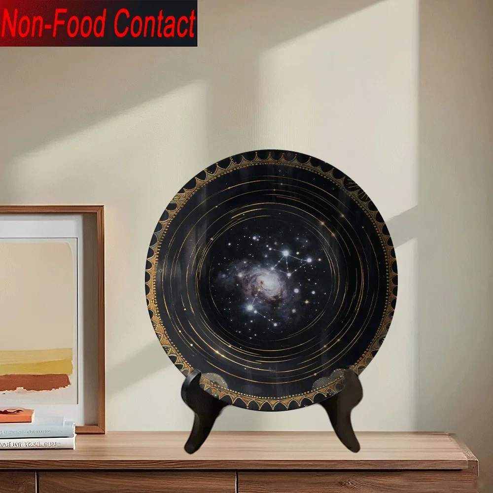 1pc Large Round Ceramic Decorative Plate - Elegant & Golden Space-Themed Wall Art with Orbiting Planets & Stars, Non-Food
