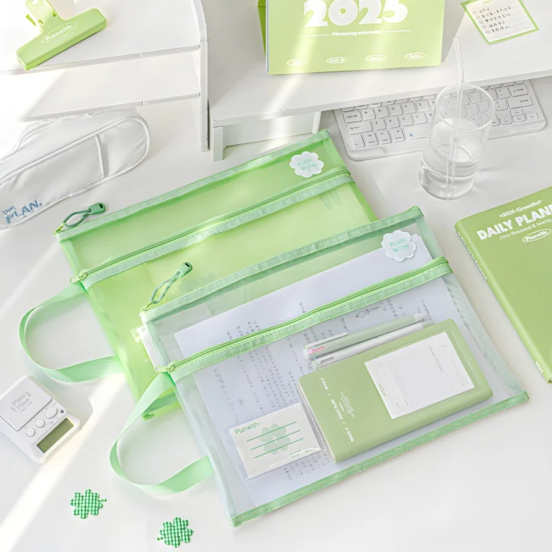 Green Clover A4 File Mesh Bag Documents Folder Double Zipper Layer Easy Carry Handle Office Travel School A3004