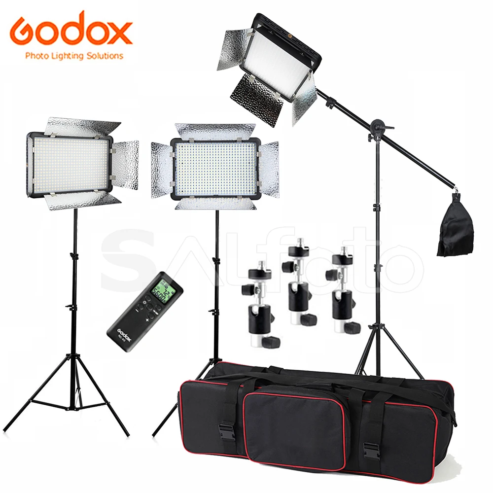 Godox 3x 500 LED 3300-5600K Bi-color Wireless Remote Video Light Lighting Kit LED500LRC + 2m  Stand + Boom Arm + Carrying Bag